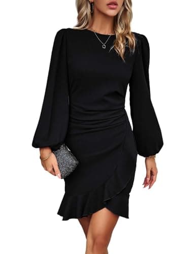 Image of KUNJLELP Cocktail Dresses for Women Long Puff Sleeve Bodycon Ruffle Hem Elegant Evening Dress for Women UK Ladies Party Dresses,Black 21,M