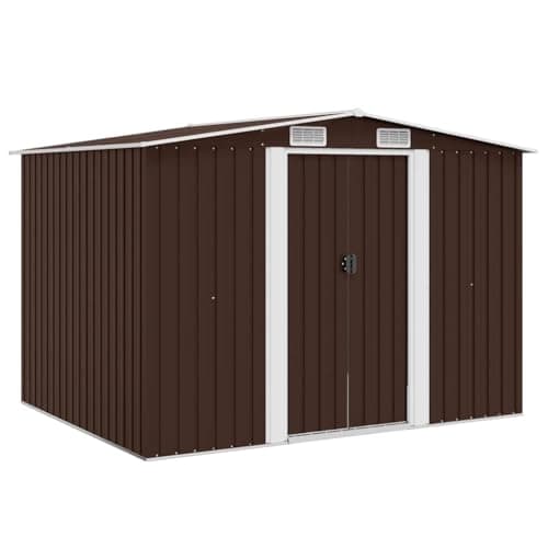 Image of vidaXL Garden Storage Shed, Galvanised Steel - Brown - Large Outdoor Tool and Equipment Storage with Double Sliding Doors and Ventilation System