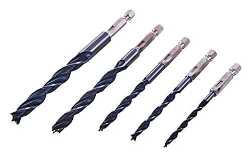 Image of Amtech - 5pc hex shank wood drill bit set, brad-point carbon steel, 1/4" quick-release, accurate pilot and clearance holes, 4/5/6/8/10mm