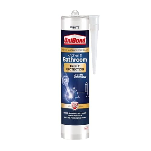 Image of UniBond Triple Protection Anti Mould Silicone Sealant For Kitchen & Bathrooms, White Sealant Repels, Kills and Prevents Mould Growth, Long-Lasting Shower Silicone, 1x291g Cartridge