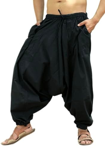 Image of SARJANA Men's Cotton Solid Harem Pants Unisex Baggy Yoga Drop Crotch Trouser Free Size (UK, Alpha, One Size, Regular, Regular, Black1)