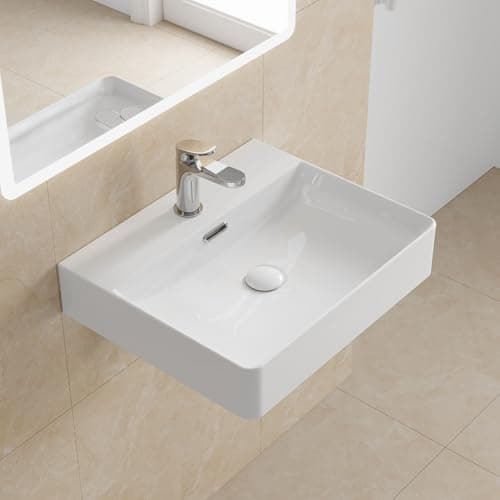 Image of HOROW Bathroom Ceramic Wash Basin Sink Countertop or Wall Mounted Rectangular Basin,Slim Edge & Storage Ledge Design for Bathroom, Cloakroom, Small WC (White, 50 * 42 * 14 cm)