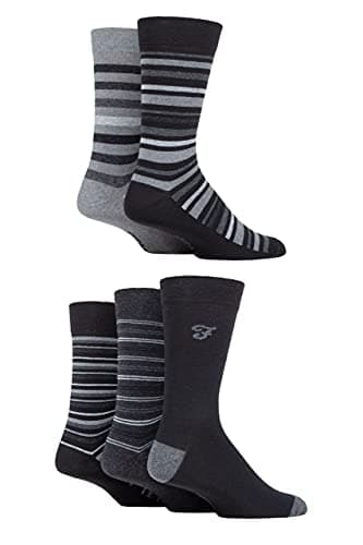 Image of Farah Mens Cotton Socks Striped and Argyle Patterned Designs Calf Length Pack of 5 - Stripe Black/Charcoal 6-11