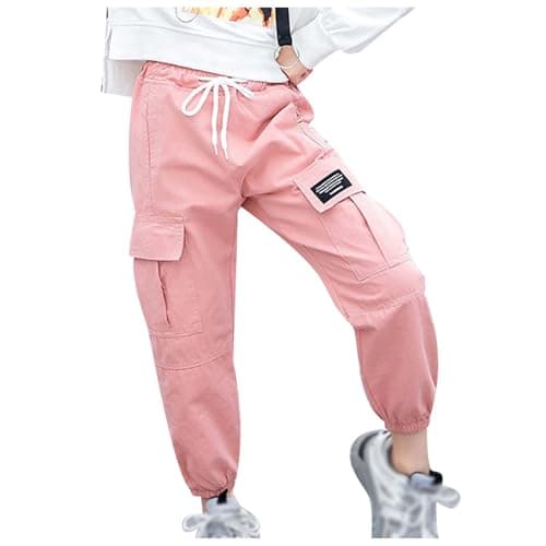 Image of Kids Cargo Pants Girls Age 2-12 Years Vintage Cargo Trousers for Girls Loose Fit Elastic Waist Tighter Pockets Comfy Stretchy Winter Spring Casual Athletic Streetwear (8-9 Years) Pink
