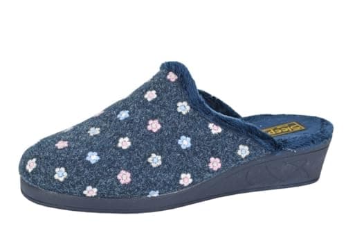 Image of Sleepers Josephine Womens Wedge Slip On Mule Slippers With Wedge Heel And Rubber Sole Navy Blue Floral 5 UK