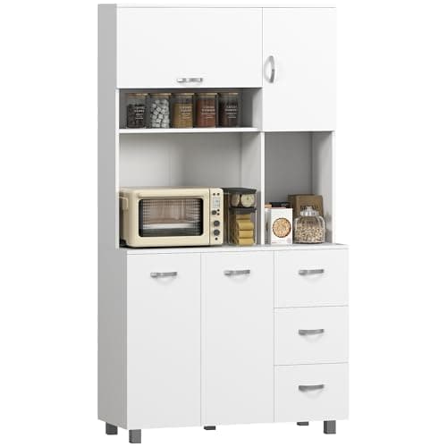 Image of HOMCOM Kitchen Cupboard, 183cm Tall Storage Cabinet with Countertop, Sideboard with 3 Small Drawers, Flip Up Top Door, 3 Cabinet Doors and Open Shelves, 100W x 39.5D x 183.5H cm, White