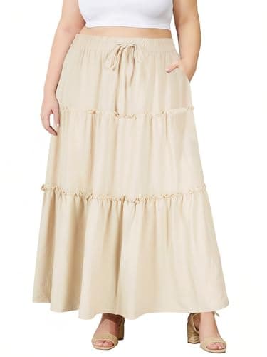Image of Moon Wood Women's Skirts Summer Maxi Long Skirt High Waist Flowy Ruffle Tiered A Line Skirts with Pockets Plus Size Almond 3XL