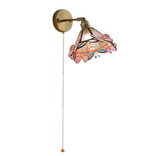 Image of ZXQUEGF Vintage Butterfly Light with Pull Switch, Pink Glass Lampshade Lamp, Bedroom Bathroom Living Room Hallway Wall Lamps