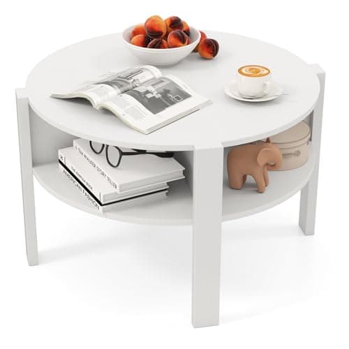 Image of COSTWAY 74cm Round Coffee Table, 2-Tier Cocktail Center Accent Tea End Sofa Side Table with 4 Open Storage Shelves for Living Room Bedroom Office (White)