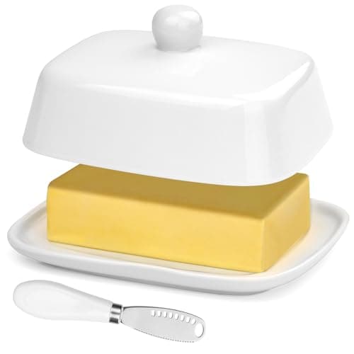 Image of AYESY Ceramic Butter Dish, Home Butter Dish Keeper with Lid and Handle for 250g Block, Ceramic Butter Container with a Butter Spatula, Porcelain Butter Storage for Countertop, Dishwasher Safe