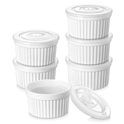Image of vancasso 10 oz Ramekins with Lids, Souffle Dishes Set of 6, 10.6cm White Porcelain Creme Brulee Ramekins, Baking Cups for Pudding, Fruits, Dips, Dishwasher and Oven Safe