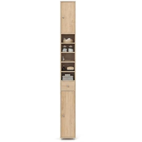 Image of RELAX4LIFE Tall Bathroom Cabinet, Free Standing Storage Cupboard with 1 Drawer, 2 Cabinets & 5 Adjustable Open Shelves, MDF Slim Organiser Unit for Bathroom Living Room Kitchen (Natural)