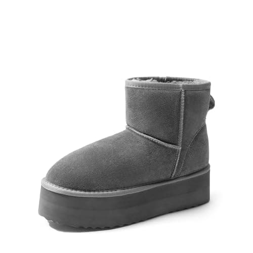 Image of DREAM PAIRS Genuine Suede Classic Platform Boots for Women Water Resistant Fuzzy Classic Ankle Winter Snow Low Boots,Size 8,Grey,SDSB2428W