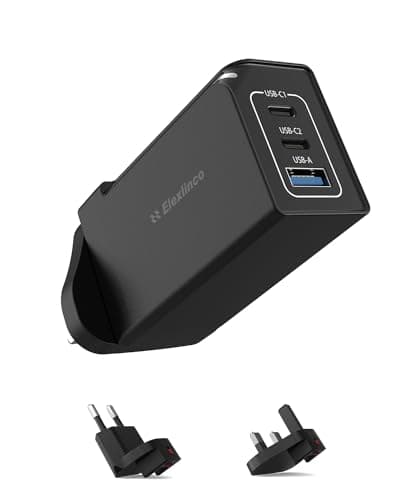 Image of 65W USB C Plug, Elexlinco GaN II Fast Charger, 3-Port USB C Charger Plug with UK, US, EU Travel Adapter, Compatible with MacBook Pro/Air, HP Laptops, iPad, iPhone 15/Pro/Max, Galaxy S24/S23 and More