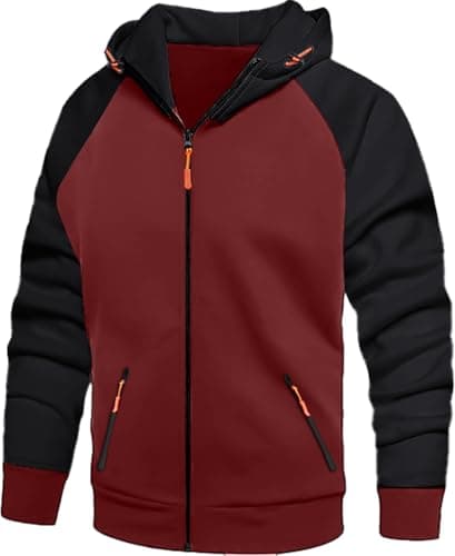 Image of CTU Mens Hoodies Zip Up Fleece Hoodie Patchwork Hooded Jacket Sweatshirt Pullover Hoody With Zip Pockets Red M