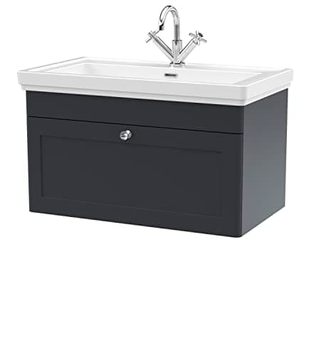 Image of nuie CLC1496A Classique Traditional Bathroom Wall Hung 1 Drawer Vanity Unit with 1 Tap Hole Fireclay Basin, 800mm, Soft Black