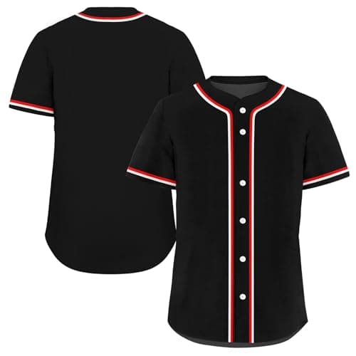 Image of AWSOLE Unisex Solid Baseball Jersey Hip Hop Casual Short Sleeves Button Down T-Shirt for Men Women Black/Red/White