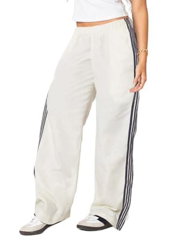 Image of Yoisdtxc Women Striped Track Pants Elastic Waist Straight Leg Baggy Sweatpants Side Stripes Patchwork Pants with Pockets (A-Beige, M)