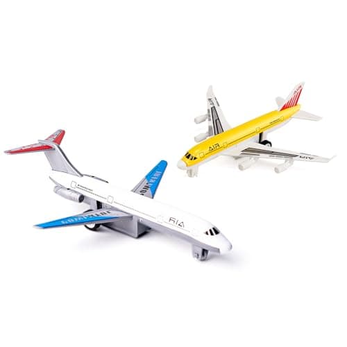 Image of AtomDream Tech Pull Back Aeroplane Toys 2 Pack, Plastic & Die Cast Metal Toy Airplanes for Kids Ages 3–6, Friction Powered STEM Learning Planes, Christmas & Birthday Gift for Boys & Girls