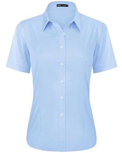 Image of J.VER Womens Short Sleeve Shirts Blue Summer Fitted Stretch Business Casual Button Down Shirt Formal Dress Work Ladies Tops Blouses M
