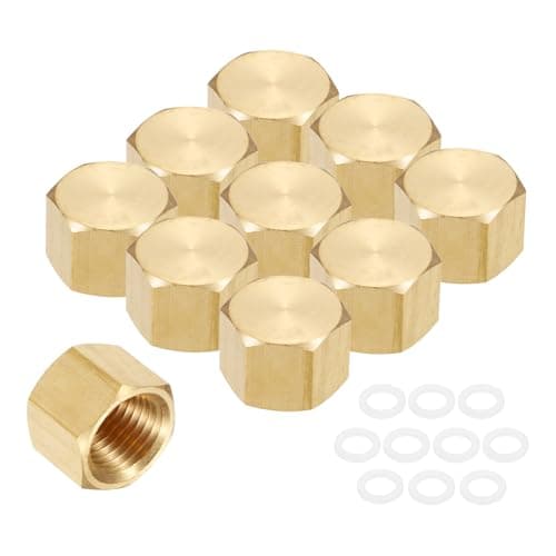 Image of sourcing map 10Pcs Brass Hex Head Plug Compression Cap Fitting Stop Valve Cap, G1/4" Hex Thread Pipe Fitting Flare Tubing Ends Sealing with Gasket for Air Conditioner, Water, Gold