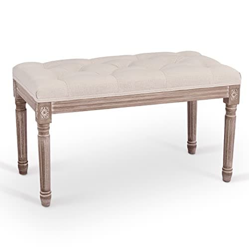 Image of VONLUCE 80cm Long Vintage Upholstered Bench with Padded Seat | Tufted Entryway Dining Bench Seat & Footstool | French Rustic Ottoman for Bedroom Living Room Hallway, Beige