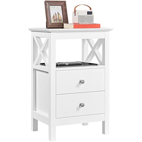 Image of Yaheetech Bedside Table, Wooden Nightstand with 2 Storage Drawers and 1 Open Shelf, Sturdy Design for Bedroom Living Room, 30x40x60cm, White