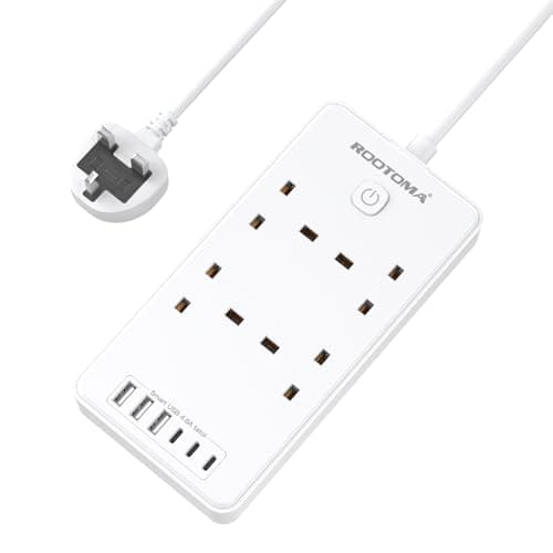 Image of Extension Lead with 6 USB Slots (3 USB C), 4 Way Surge Protected Extension Lead 1.5M with Switch, Wall Mounted Multi Plug Power Strip for Home Bedroom Kitchen Office, White