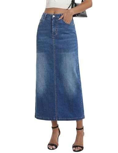 Image of Fengbay Long Denim Skirt for Women Casual Denim Maxi Skirt Stretch High Waisted Jean Skirt with Pocket and Slit Hem