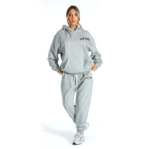 Image of Lang Horn Tracksuit Womens Full Set Uk With Pocket 2 Piece Hooded Oversized Letter Print Lounge Wear Sweatsuits Jogger Set Ladies Gym Activewear Heather Grey Small