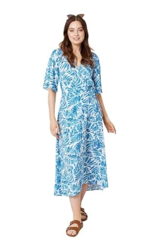 Image of Izabel London Leaf Print 1/2 Sleeve Wrap Dress for Women UK with 1/2 Sleeves, v-Neck and midi Length Hem. Blue