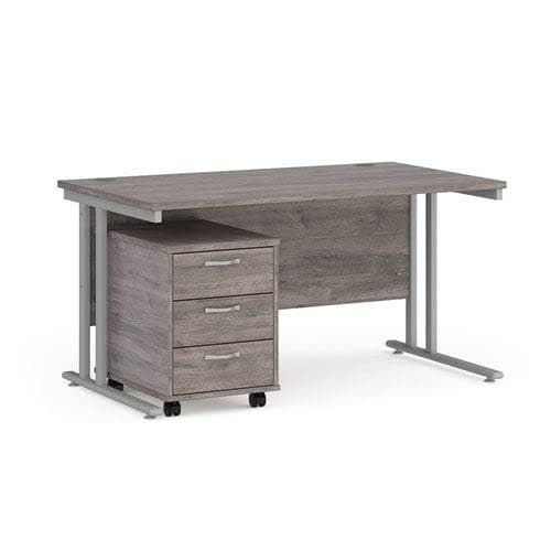 Image of Office Monster Cooper straight desk 1400mm x 800mm with silver cantilever frame and 3 drawer pedestal - grey oak