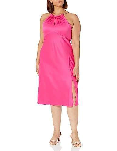 Image of Adrianna Papell Women's Satin Crepe Halter Dress, Cabaret Pink, 16