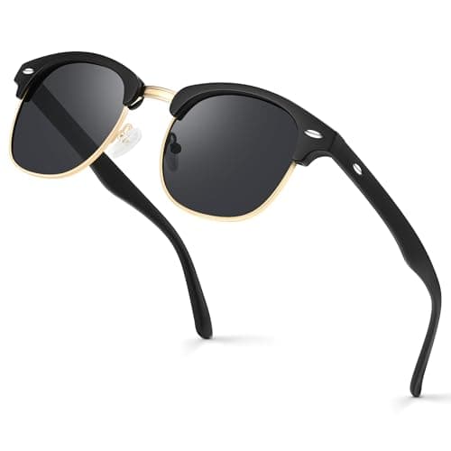 Image of kunchu Polarised Sunglasses Mens Womens Half Frame UV400 Protection Rectangular Sunglasses Classic Retro Black Sun Glasses Unisex Ultra Lightweight Shades For Driving Fishing Cycling-BLACK/Gold