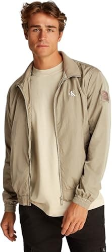 Image of Calvin Klein Men’s Unpadded Harrington Windbreaker with Stand Collar, Beige (Stone Gray), L