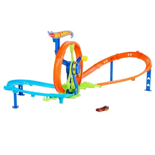 Image of Hot Wheels Toy Car Track Set, Launch and Loop Playset & 1:64 Scale Die-Cast Vehicle, Crash Area on Figure 8 Track with Loop-Kicker Booster, JBX65