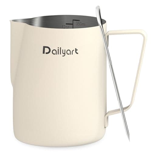Image of Dailyart Milk Jug 12oz/350ml Food Grade 304 Stainless Steel Milk Frothing Jug, Milk Frother Jug with Latte Decorating Art Pen, Coffee Accessories, Milk Pitcher for Making Latte Coffee Art, Cream White