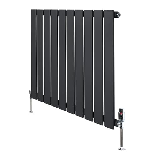 Image of Flat Single Column Radiator 600mm x 700mm & TRV Chrome Valves Modern Designer Single Panel Central Heating Heater Matt Anthracite Grey Carbon Steel Horizontal FREE Cleaning Brush Fixing Kit & Brackets