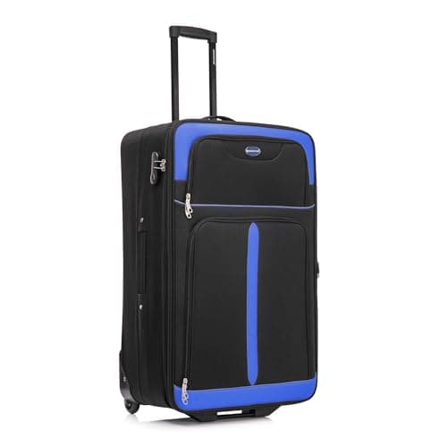 Image of Aerostar Large 29” Lightweight Softshell Expandable Suitcase, Check in Luggage 2 Corner Wheels with Integrated Combination Lock (Black/Blue, 100 litres)