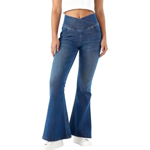 Image of EOAMGO Flared Jeans for Women UK, High Waisted Womens Stretch Jeans, Pull on Elasticated Waist Pants for Women, V-Cut Crossover Wrap Waist Bell Bottom Denim Trousers with Pocket (L, Navy Blue)