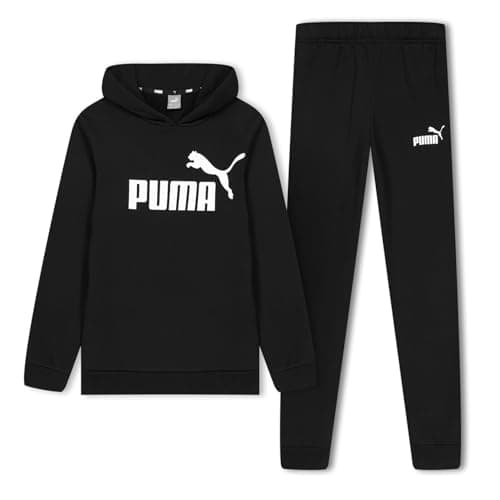 Image of PUMA Kids Logo Hooded Sweat Suit Hoodie Joggers Black/White 11-12 Years