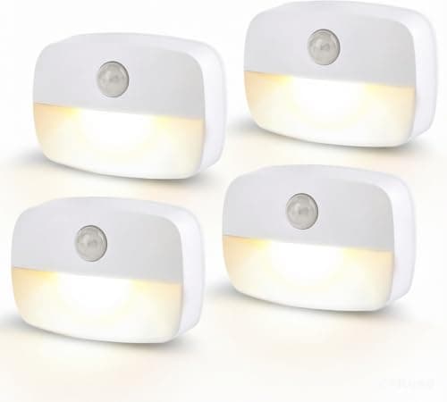 Image of Warm White Motion Sensor Night Light (4 Pack), Battery Operated Stick-On LED Lights with Auto On/Off, Wireless Indoor Sensor Lamps for Stairs, Hallway, Bathroom, Closet, Kitchen, Children's Room