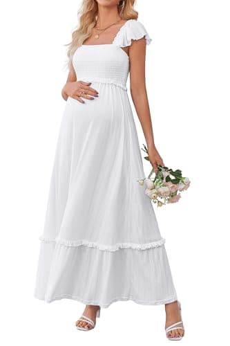 Image of OUGES Womens 2025 Summer Maternity Maxi Dresses for Photoshoot Ruffle Sleeve Square Neck Wedding Guest Baby Shower Long Dress Flowy Pregnancy Must Have Maternity Clothes (White,L)