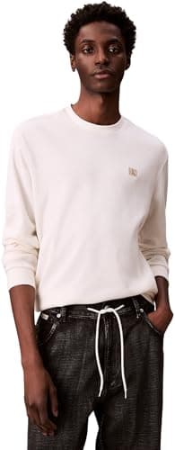 Image of Calvin Klein Men’s Waffle Badge Long Sleeve Top with Round Neck, Beige (Tofu), M