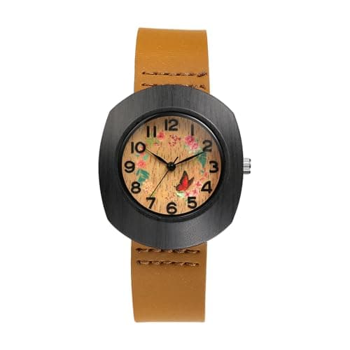 Image of JewelryWe Leather Watch for Women: Vintage Arabic Numeral Floral Tonneau Dial Watches Adjustable Strap Quartz Analog Wristwatch