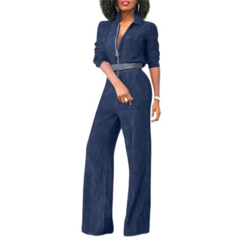 Image of Buetory Womens Sexy Long Sleeve Denim Bodycon Jumpsuits High Waisted V Neck One Piece Wide Leg Long Pants Jeans Rompers(Navy,Medium)