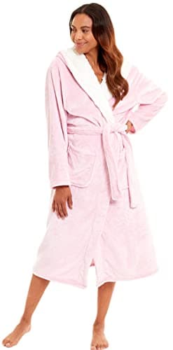 Image of KATE MORGAN Ladies Dressing Gown Fluffy Super Soft Hooded Bathrobe for Women Plush Fleece Perfect Loungewear Long Robe | Gifts for Women M Pink