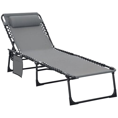 Image of Outsunny Portable Sun Lounger, Folding Camping Bed Cot, Reclining Lounge Chair 5-position Adjustable Backrest with Side Pocket, Pillow for Patio Garden Beach Pool, Grey