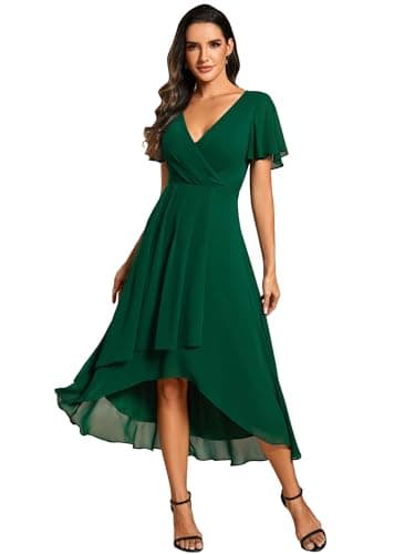 Image of Ever-Pretty Women's Chiffon V-Neck Short Sage Green Wedding Guest Dress with Ruffled Sleeves Dark Green 16UK
