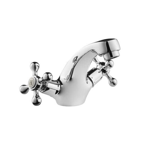 Image of Deva TUD113 Tudor Basin Mixer Tap in Chrome - with Pop Up Waste - Dual Cross Handle - Hot & Cold Taps - Victorian Era Deck Mounted Bathroom Basin Single Hole Silver Faucet - 12 Year Warranty
